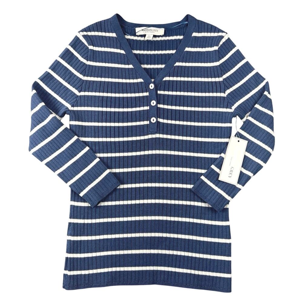 NWT Madison Grey Striped Ribbed Henley Sweater Top - SP